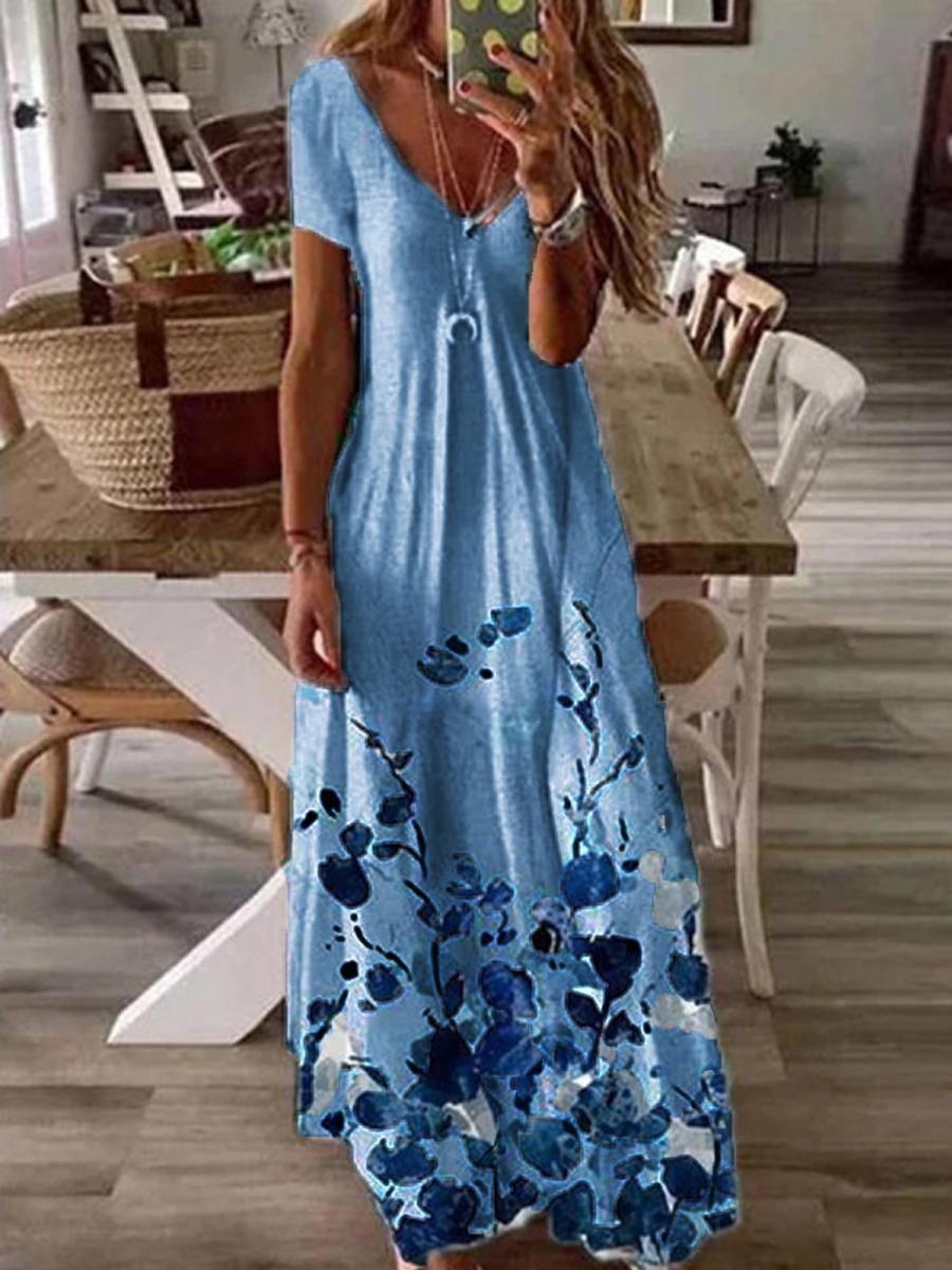 Womens Flower Print V-neck Fashion Casual Maxi Dress