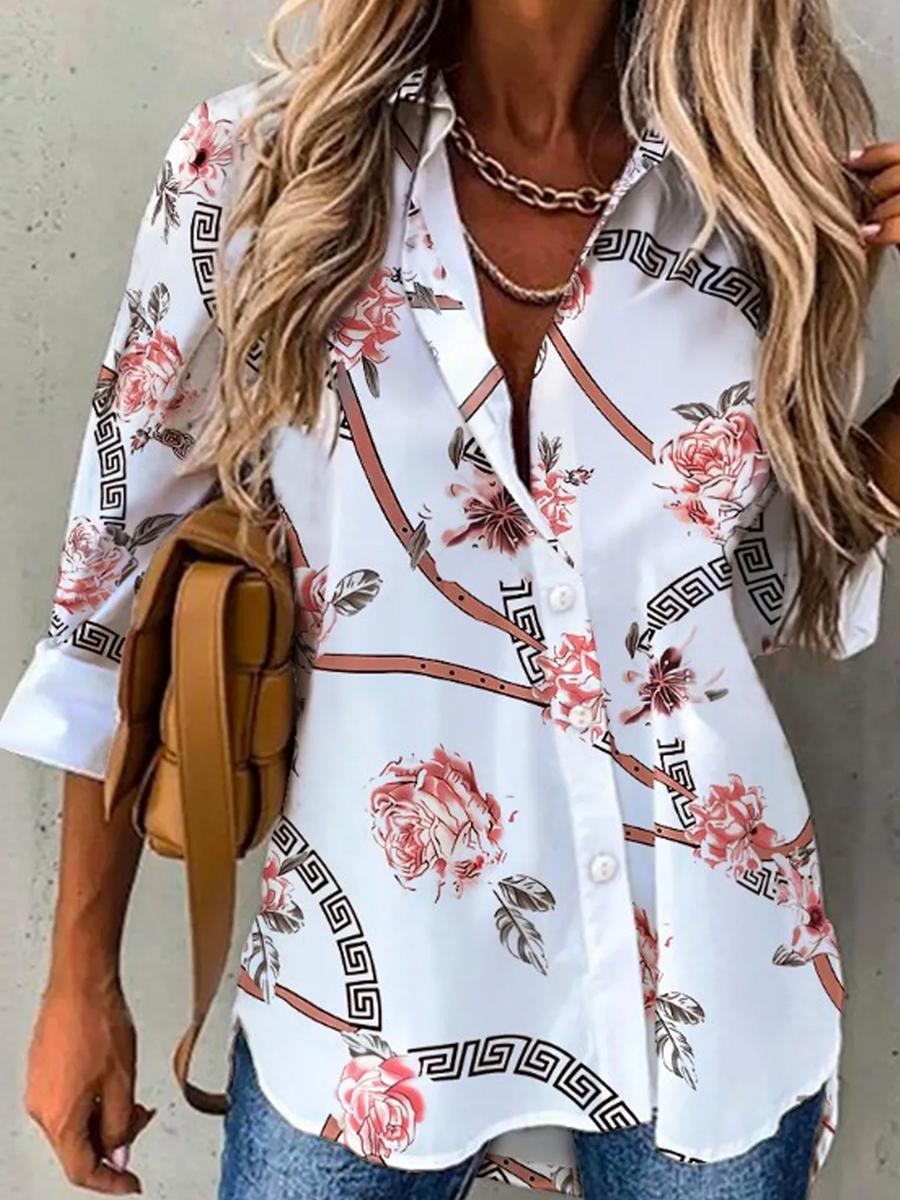 Floral Geometric Print Casual Long-sleeved Blouse