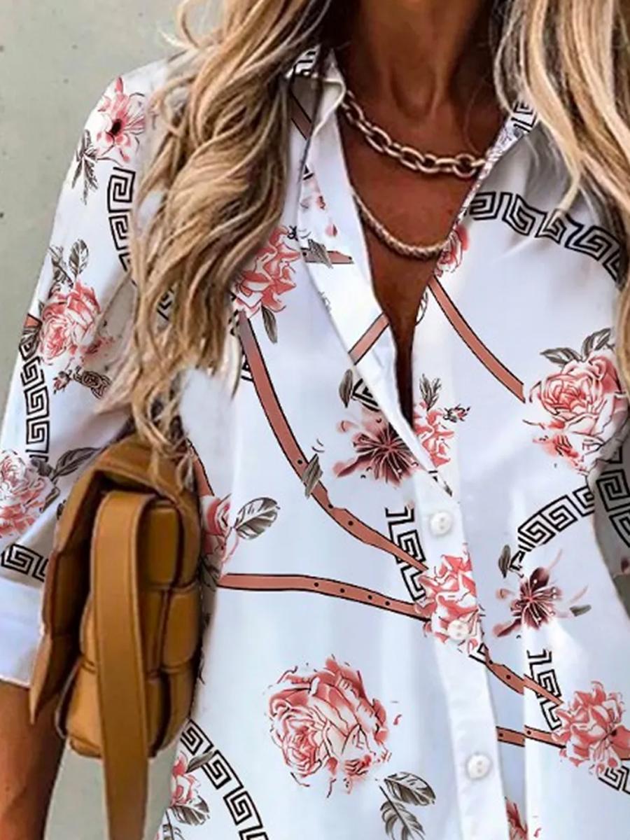 Floral Geometric Print Casual Long-sleeved Blouse