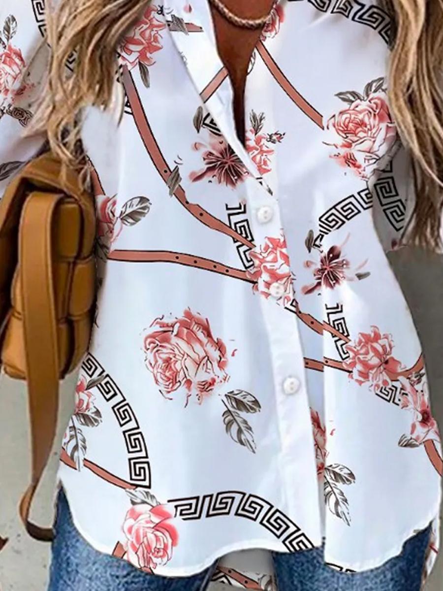 Floral Geometric Print Casual Long-sleeved Blouse
