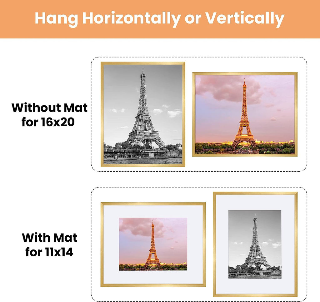 upsimples 16x20 Picture Frame Set of 5, Display Pictures 11x14 with Mat or 16x20 Without Mat, Wall Gallery Poster Frames, Gold