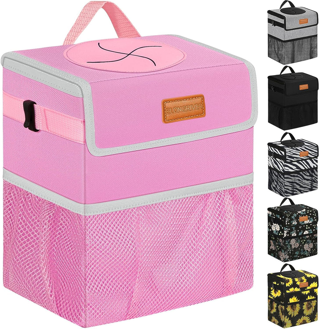 ELONGRIVER Car Trash Can Bin for Car Back Seat Leak Proof, Cute Car Trash Bag Hanging, Vehicle Trash Can for SUV Truck Van, Automotive Car Garbage Cans Front Seat Pink