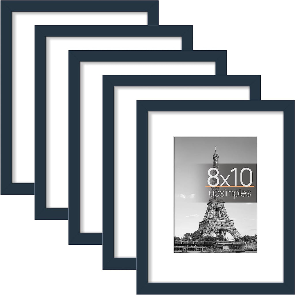 upsimples 8x10 Picture Frame Set of 5,Display Pictures 5x7 with Mat or 8x10 Without Mat,Wall Gallery Photo Frames, Navy Blue