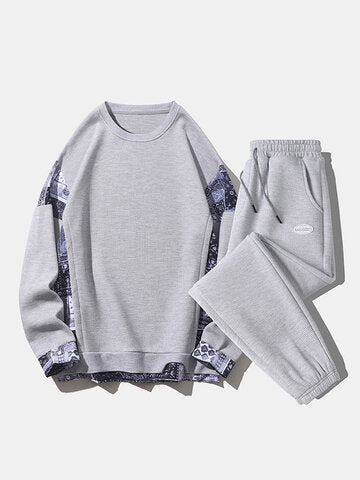 mens paisley print patchwork texture sweatshirt casual two pieces outfits