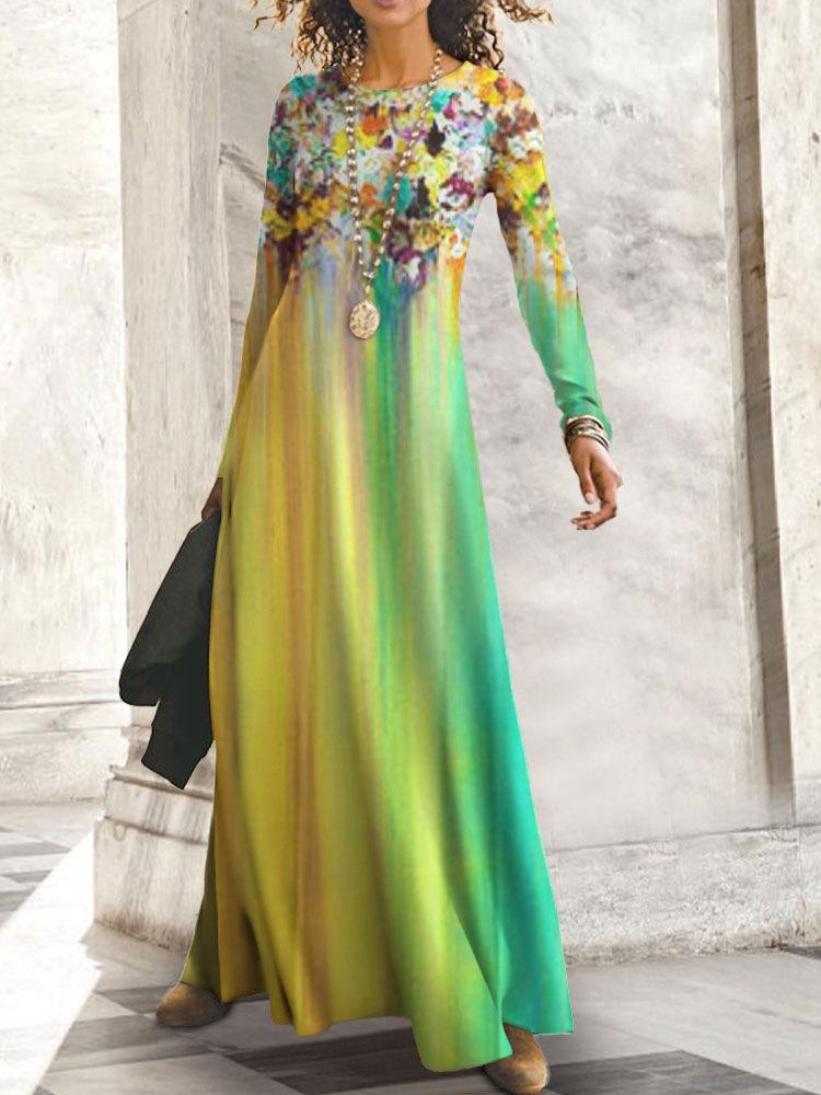 Round Neck Floral Print Casual Long-sleeved Maxi Dress