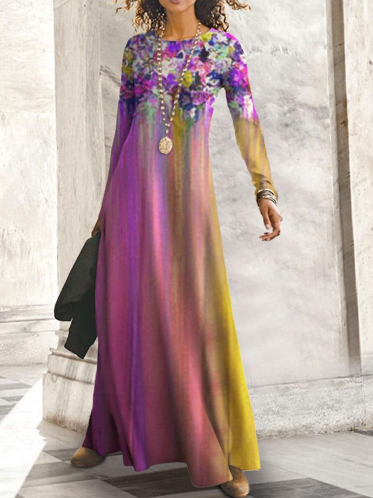 Round Neck Floral Print Casual Long-sleeved Maxi Dress