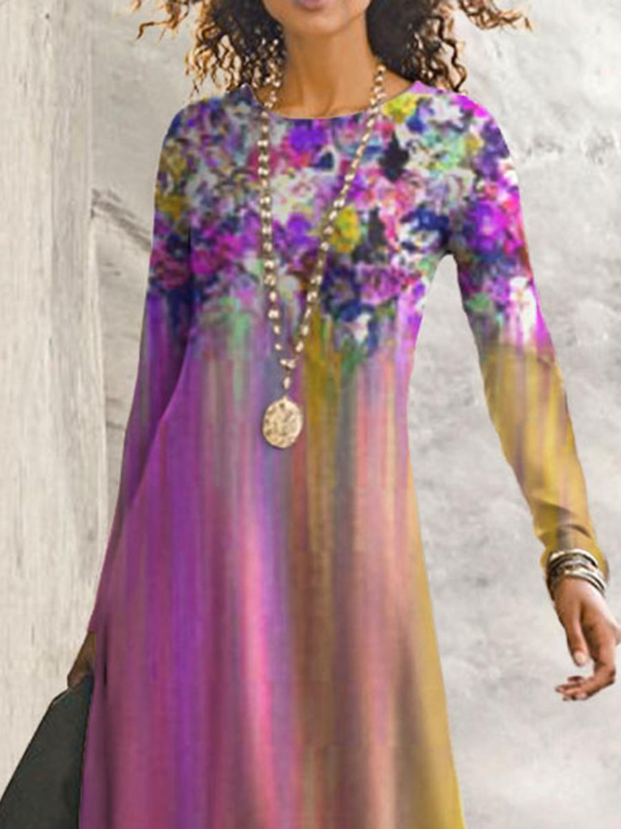 Round Neck Floral Print Casual Long-sleeved Maxi Dress
