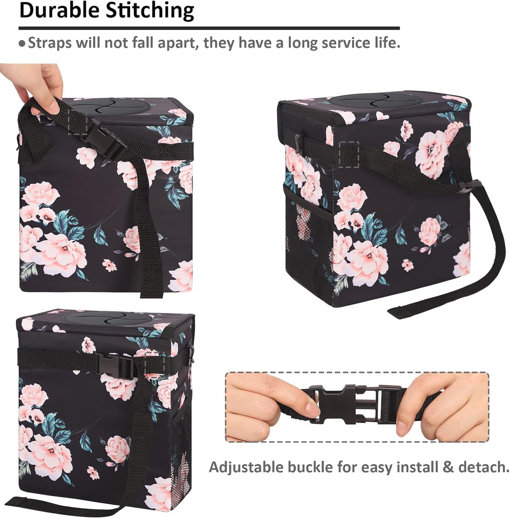 Vankor Car Trash Can for Car Cute, Car Trash Bag Bin Hanging Waterproof Automotive Car Garbage Cans Leak Proof Vehicle Trash Can Black Floral