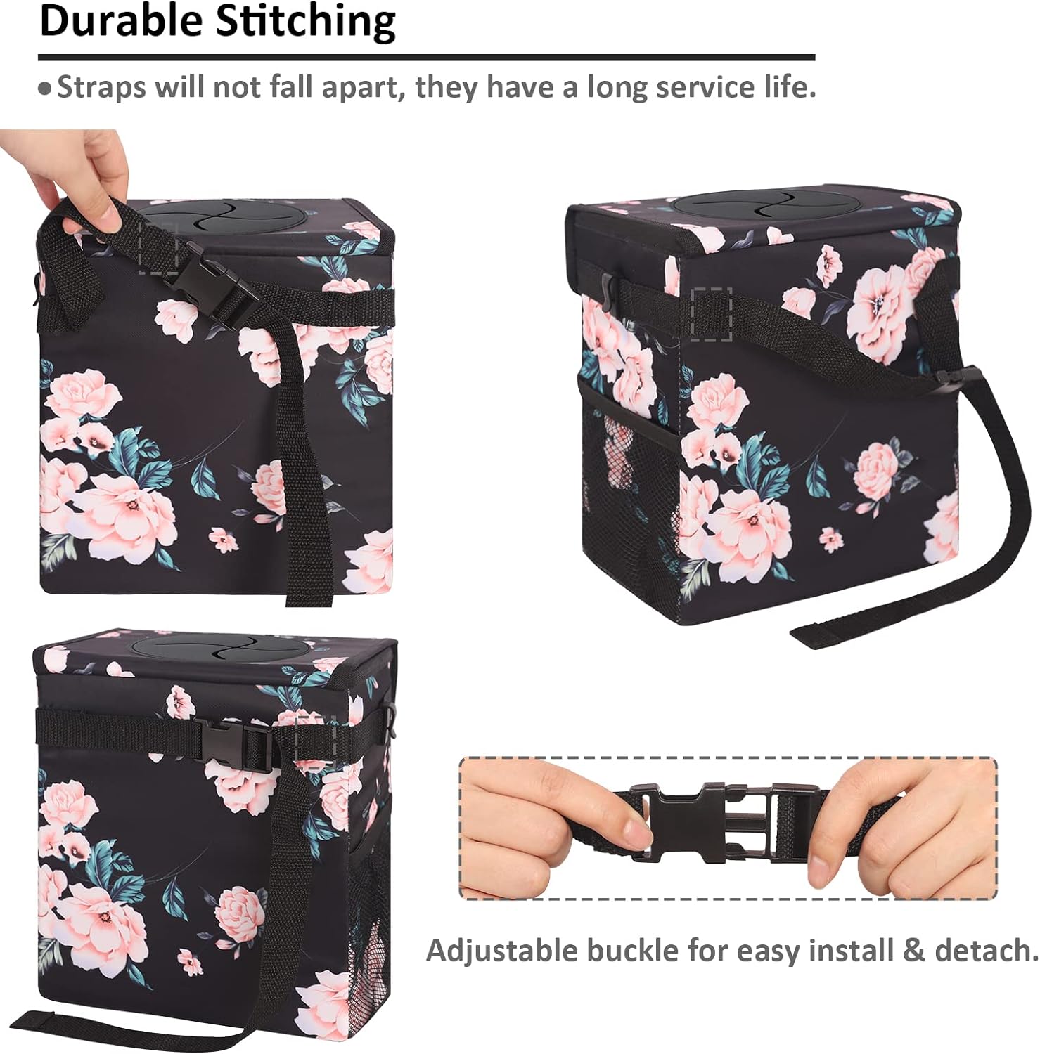 Vankor Car Trash Can for Car Cute, Car Trash Bag Bin Hanging Waterproof Automotive Car Garbage Cans Leak Proof Vehicle Trash Can Black Floral