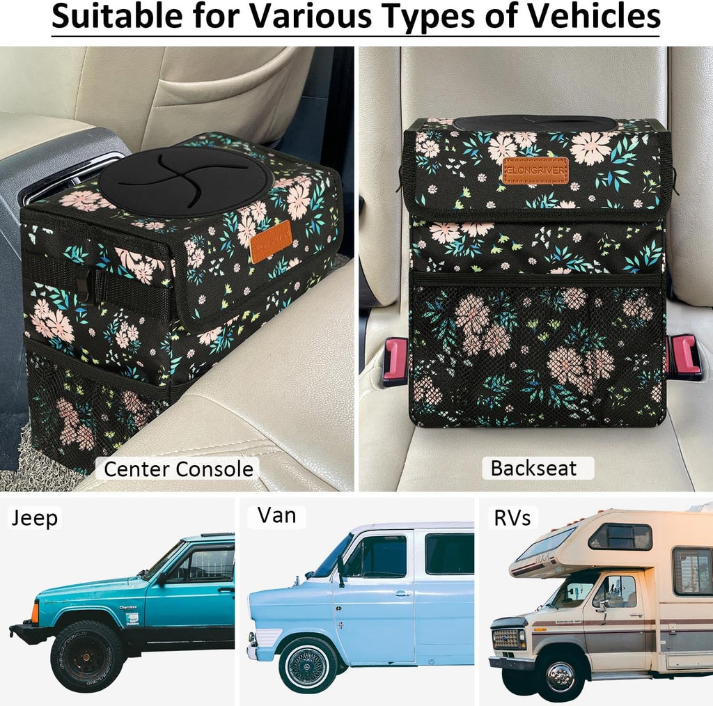 ELONGRIVER Car Trash Can Bin for Car Back Seat Leak Proof, Cute Car Trash Bag Hanging, Vehicle Trash Can for SUV Truck Van, Automotive Car Garbage Cans Front Seat Colorful Floral