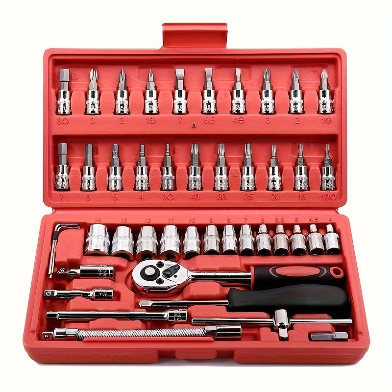 46pcs Car Repair Tool Kit, 1/4 Inch Drive Socket Ratchet Wrench Set,Combo Tools Kit Bicycle Auto Repairing Tool