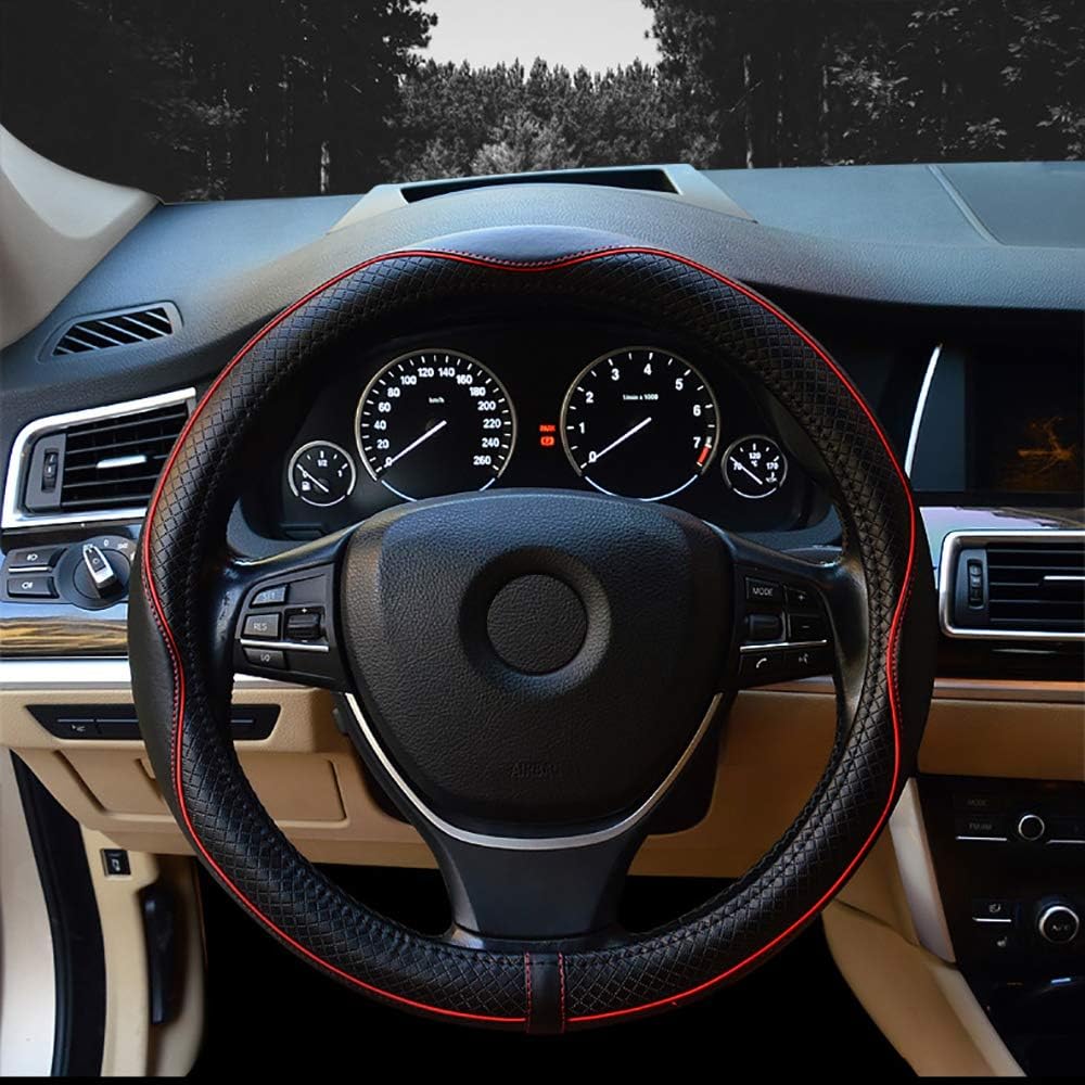 Valleycomfy Steering Wheel Covers Universal 15 inch - Genuine Leather, Breathable, Anti Slip &amp; Odor (Black with Red Lines, M(14" 1/2-15" 1/4))