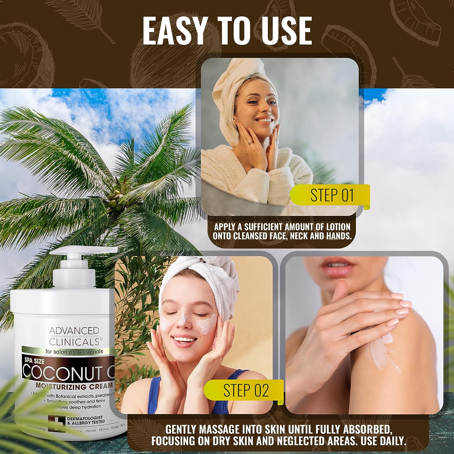 Advanced Clinicals Coconut Body Lotion Moisturizing Cream &amp; Face Lotion For Women &amp; Men | Coconut Lotion | Natural Coconut Oil Cream Skin Care Moisturizer Body Butter Balm For Dry Skin, 16Oz, 2-Pack