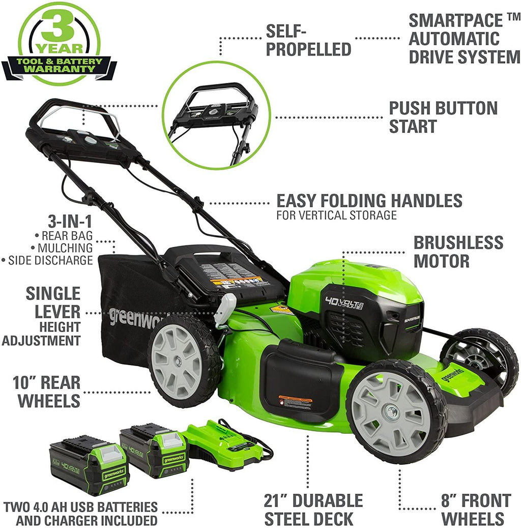 Greenworks 40V 21" Brushless (Smart Pace) Self-Propelled Lawn Mower, 2 x 4Ah USB (Power Bank) Batteries and Charger Included MO40L4413