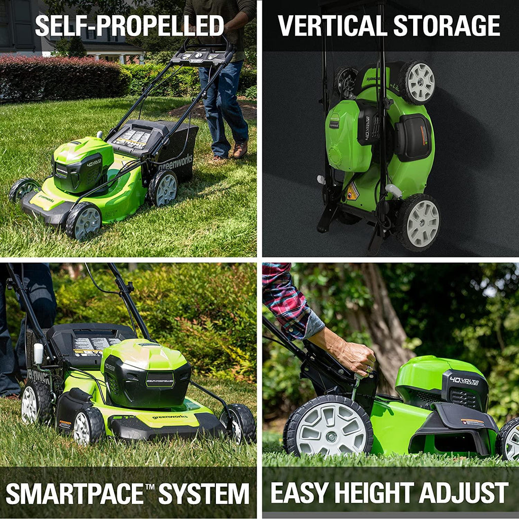 Greenworks 40V 21" Brushless (Smart Pace) Self-Propelled Lawn Mower, 2 x 4Ah USB (Power Bank) Batteries and Charger Included MO40L4413
