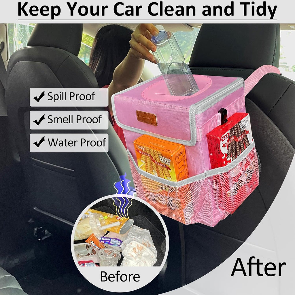 ELONGRIVER Car Trash Can Bin for Car Back Seat Leak Proof, Cute Car Trash Bag Hanging, Vehicle Trash Can for SUV Truck Van, Automotive Car Garbage Cans Front Seat Pink