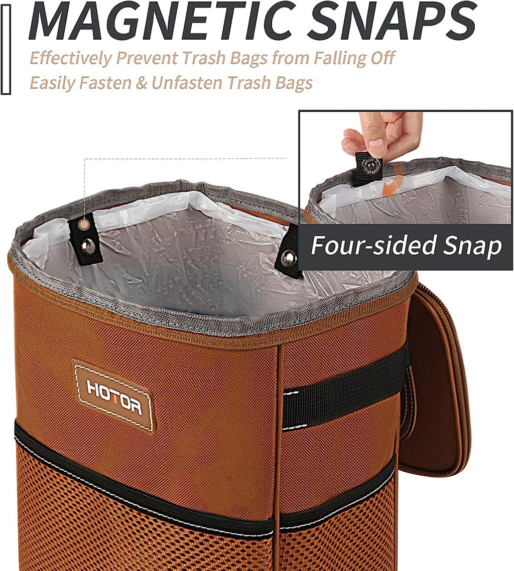 HOTOR Car Trash Can, Multifunctional Car Accessory for Interior Car Stuff Storage with Compact Design, Waterproof Car Organizer and Storage with Adjustable Straps, Magnetic Snaps (Brown)