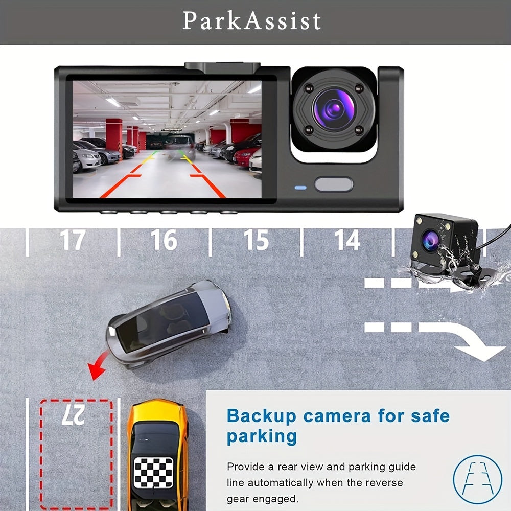 3 Camera Lens Car DVR, 3-Channel Dash Cam HD 1080P Front And Rear Dual Lens Dashcam ParLot Monitoring, Infrared Night Vision Image