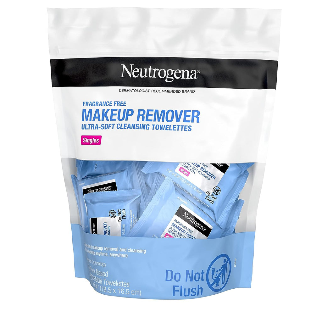 Neutrogena Fragrance-Free Makeup Remover Cleansing Towelette Singles, Individually-Wrapped Daily Face Wipes to Remove Dirt, Oil, Makeup &amp; Waterproof Mascara for Travel &amp; On-the-Go, 20 ct (Pack of 6)