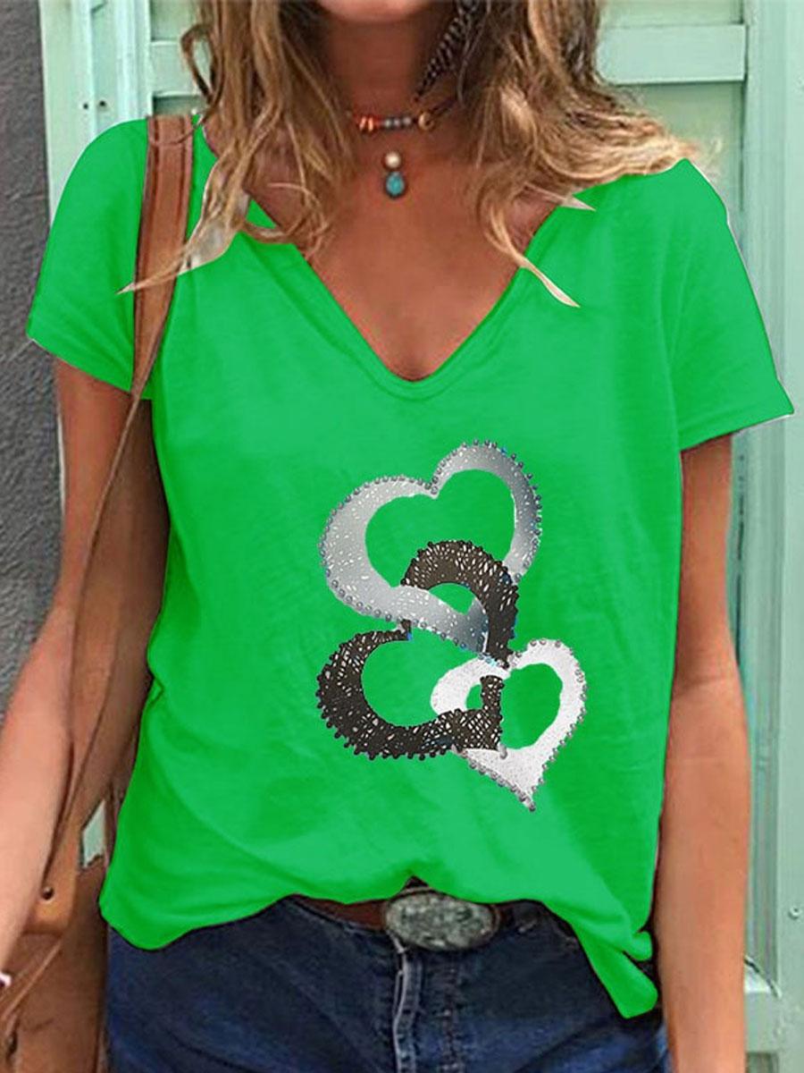V-neck Love Print Loose Short-sleeved T-shirt