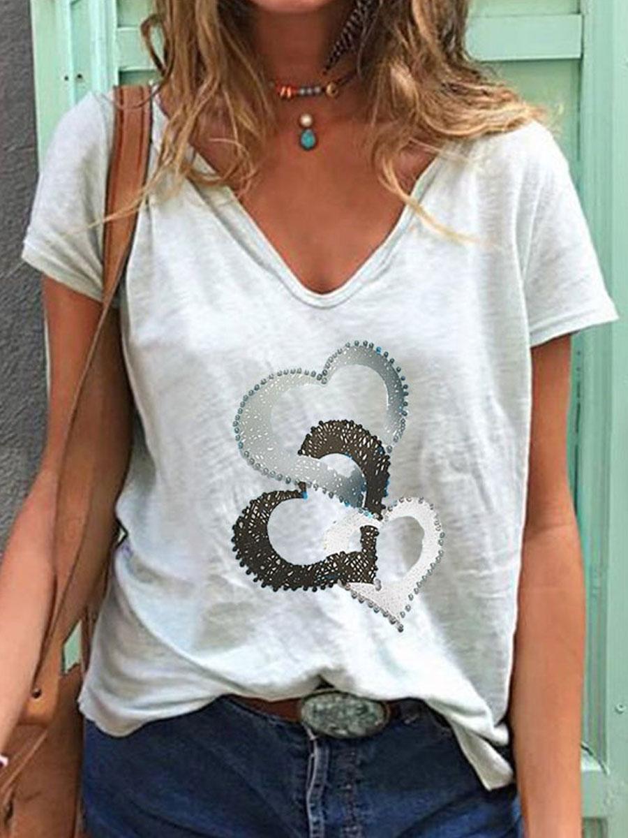 V-neck Love Print Loose Short-sleeved T-shirt