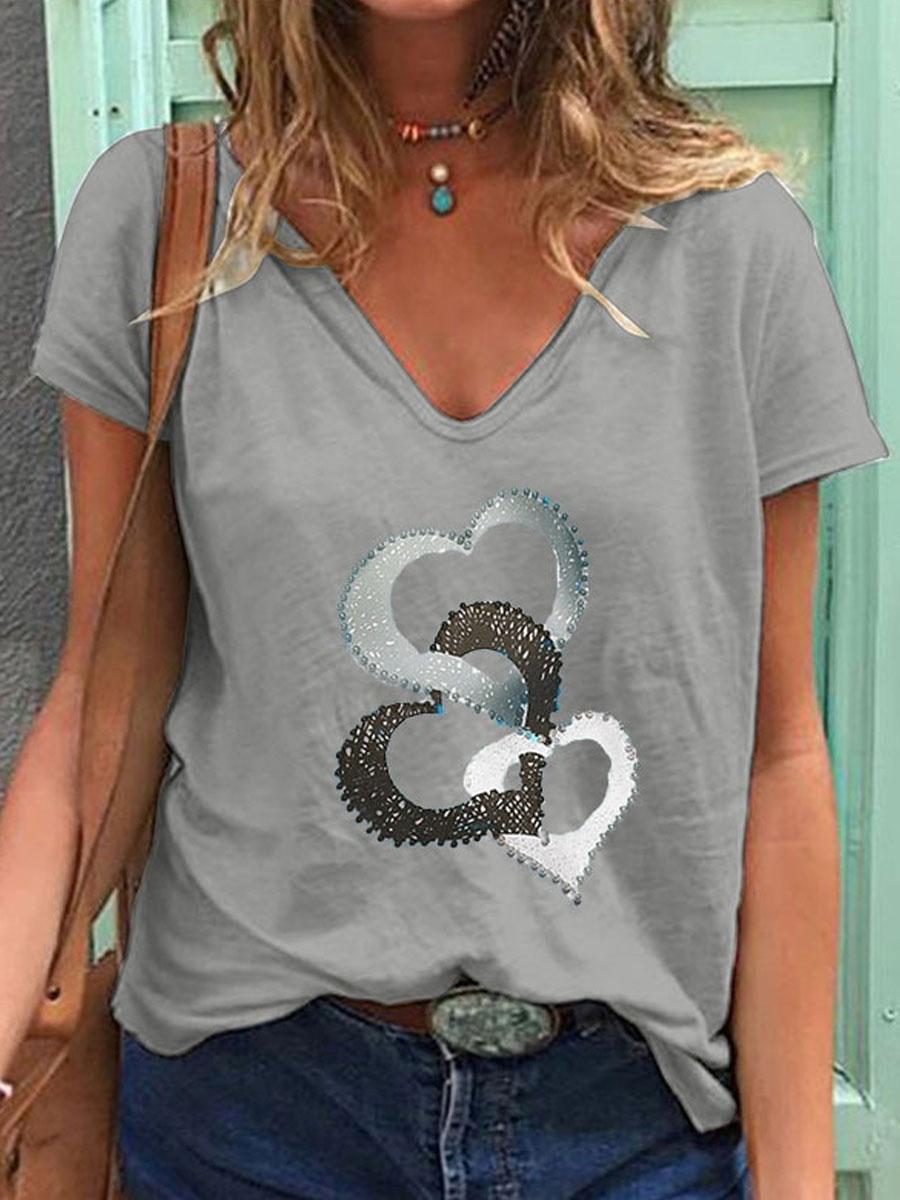 V-neck Love Print Loose Short-sleeved T-shirt