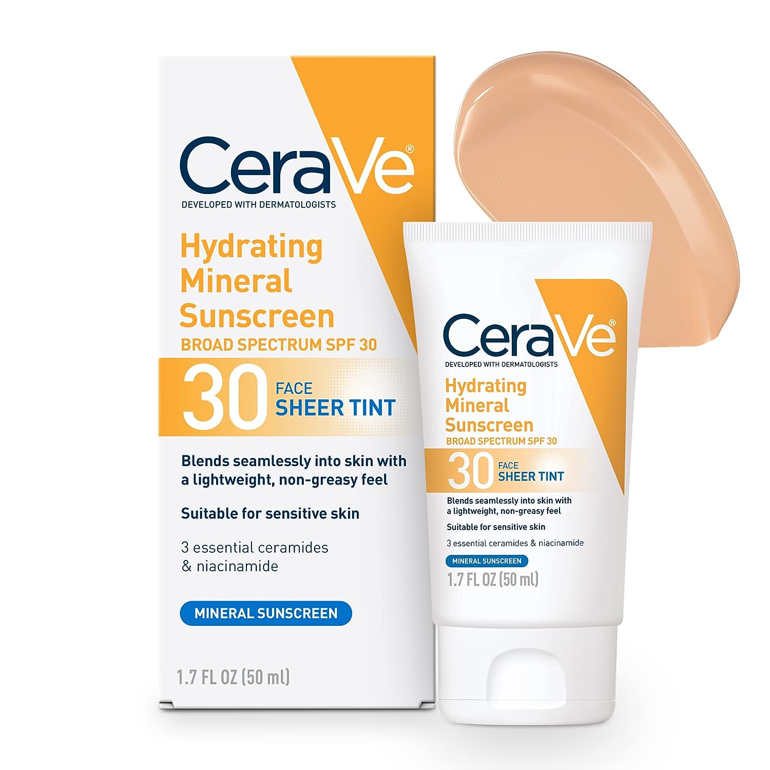 CeraVe Tinted Sunscreen with SPF 30 | Hydrating Mineral Sunscreen With Zinc Oxide &amp; Titanium Dioxide | Sheer Tint for Healthy Glow | 1.7 Fluid Ounce