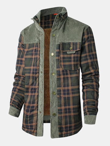 mens plaid patchwork 100 % cotton fleece lined thick lapel reversible jackets