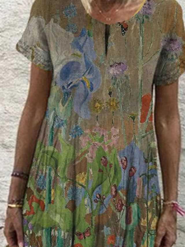 Round Neck Casual Loose Floral Print Short Sleeve Maxi Dress