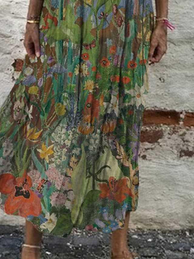 Round Neck Casual Loose Floral Print Short Sleeve Maxi Dress
