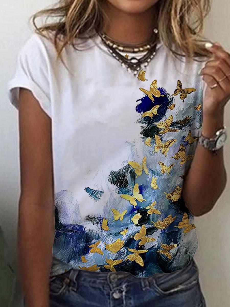 Round Neck Butterfly Print Short-Sleeved Casual Lady T-Shirt