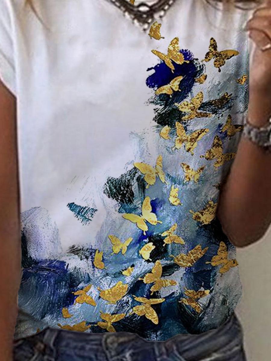 Round Neck Butterfly Print Short-Sleeved Casual Lady T-Shirt