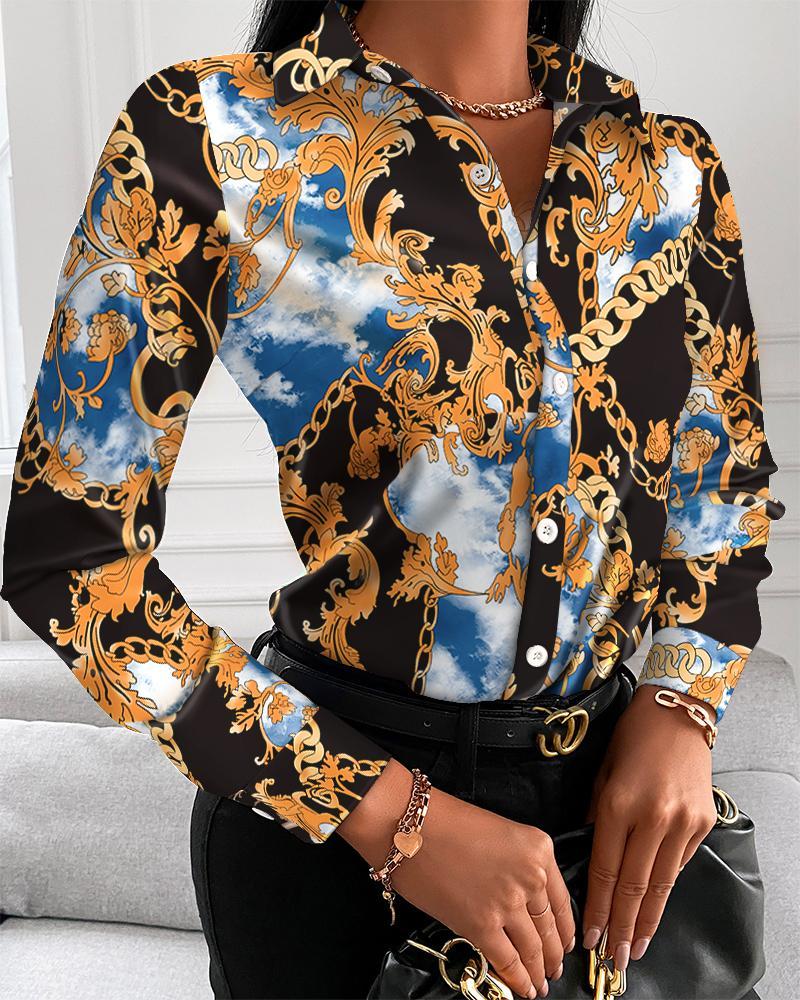 Chain Scarf Print Button Up Long Sleeve Blouse