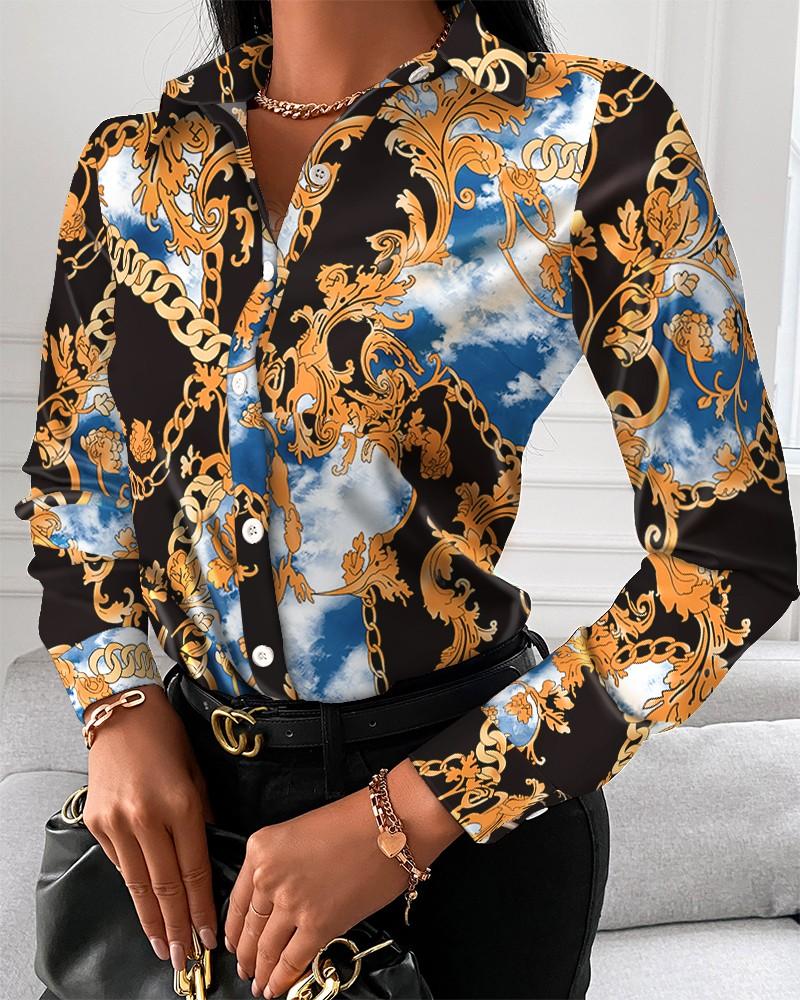 Chain Scarf Print Button Up Long Sleeve Blouse