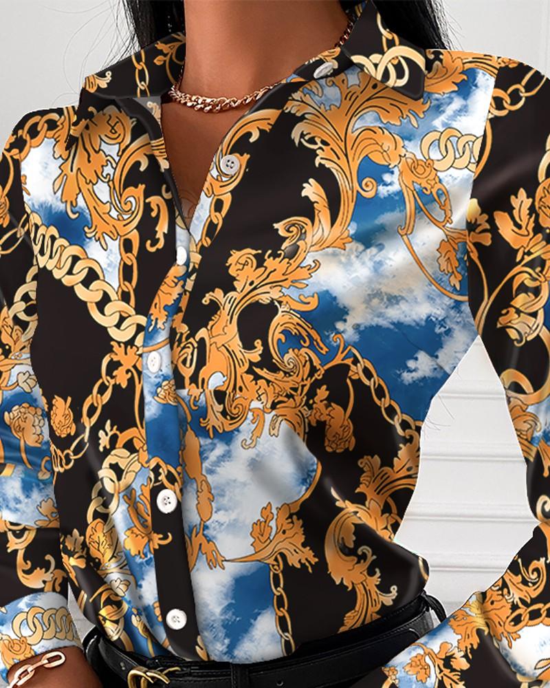 Chain Scarf Print Button Up Long Sleeve Blouse