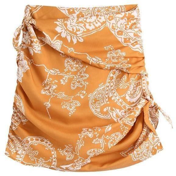 orange paisley print ruched top and high waist skirt