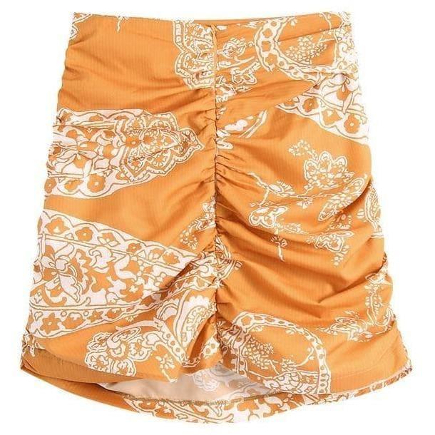 orange paisley print ruched top and high waist skirt