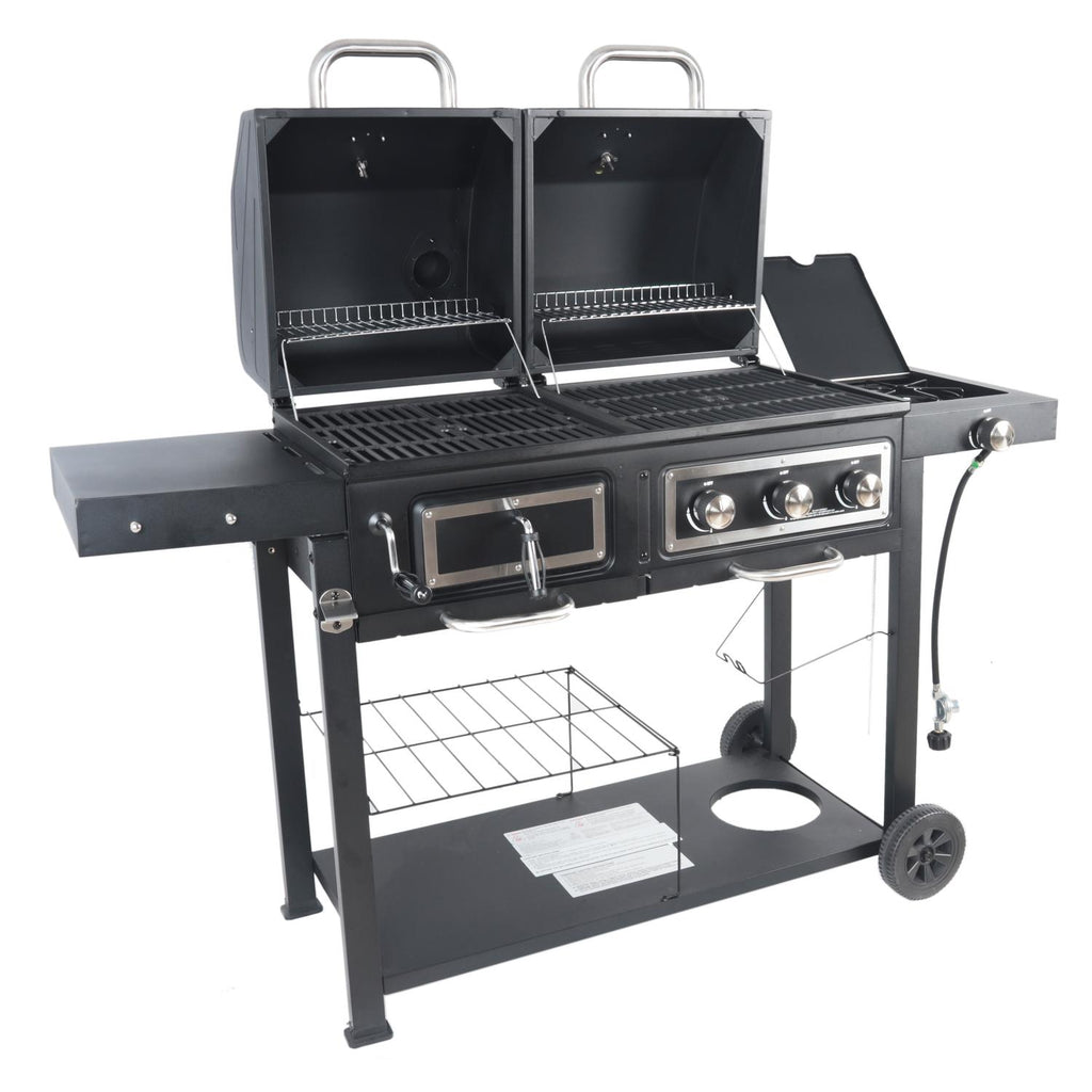 Dual Fuel Gas & Charcoal Combo BBQ Grill,Side Burner, Black with , NEW