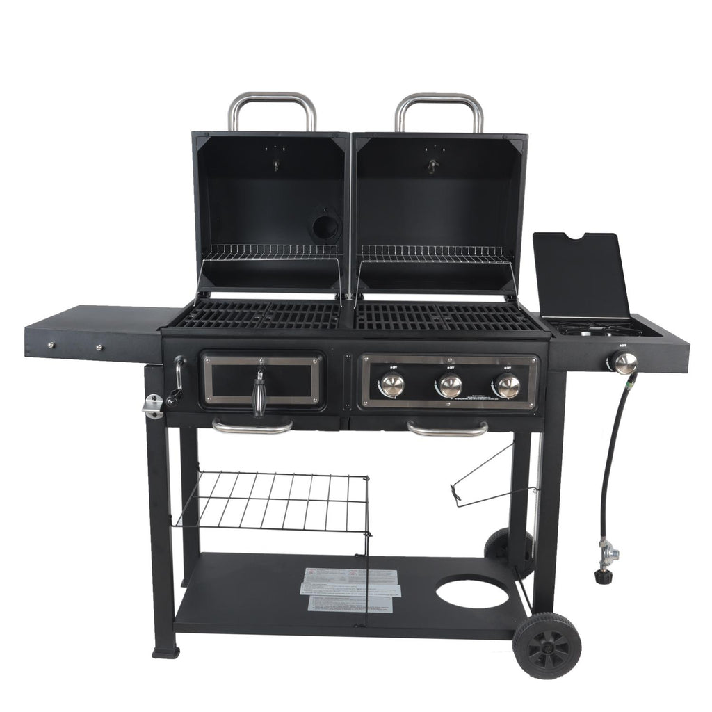 Dual Fuel Gas & Charcoal Combo BBQ Grill,Side Burner, Black with , NEW