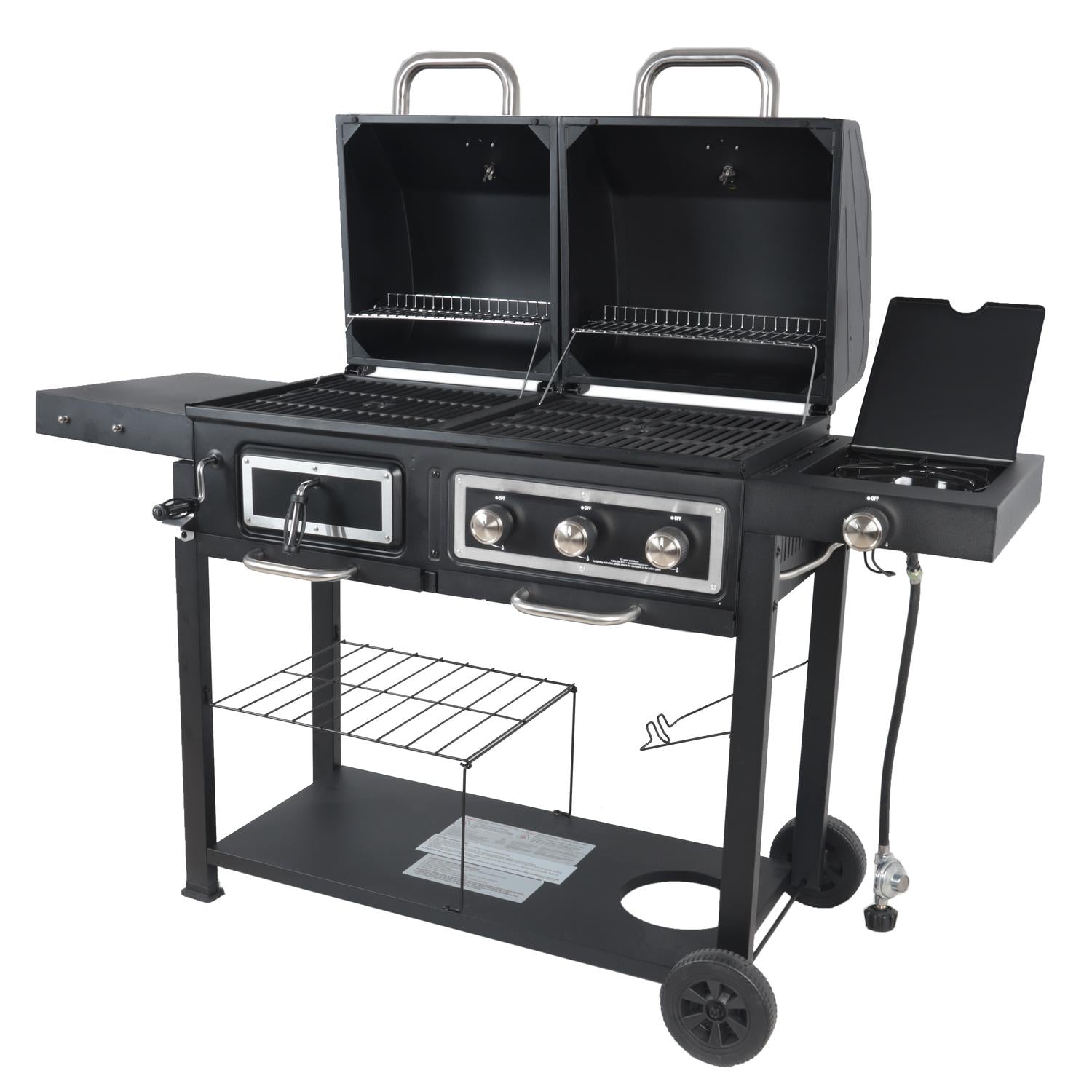 Dual Fuel Gas & Charcoal Combo BBQ Grill,Side Burner, Black with , NEW