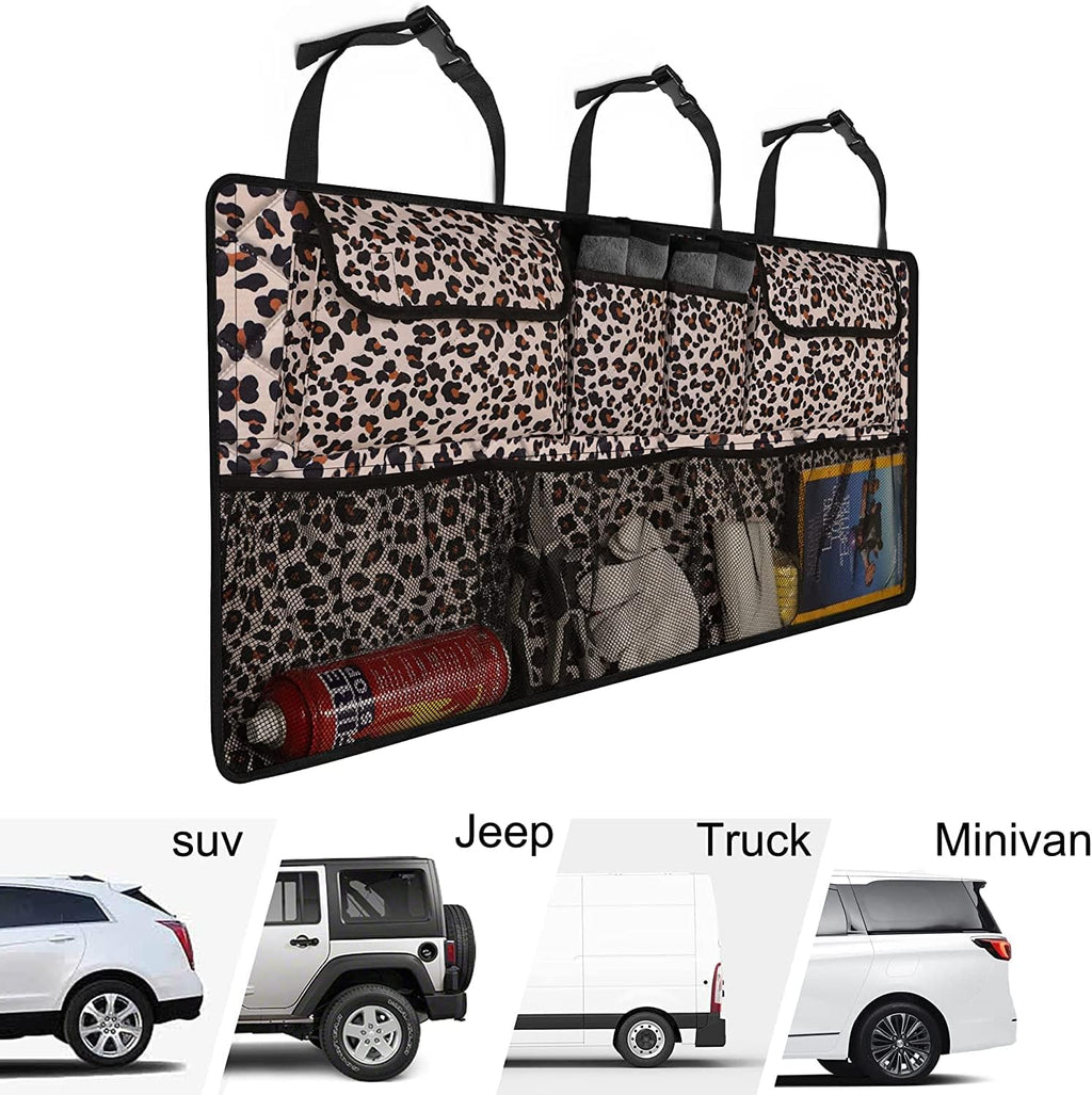 Car Trunk Organizer,Large Capacity Backseat Trunk Organizer(42"*18"),Collapsible Car Storage Bag with 8 Pocekt,Car Organizer for SUV/MPV/Truck - Leopard print