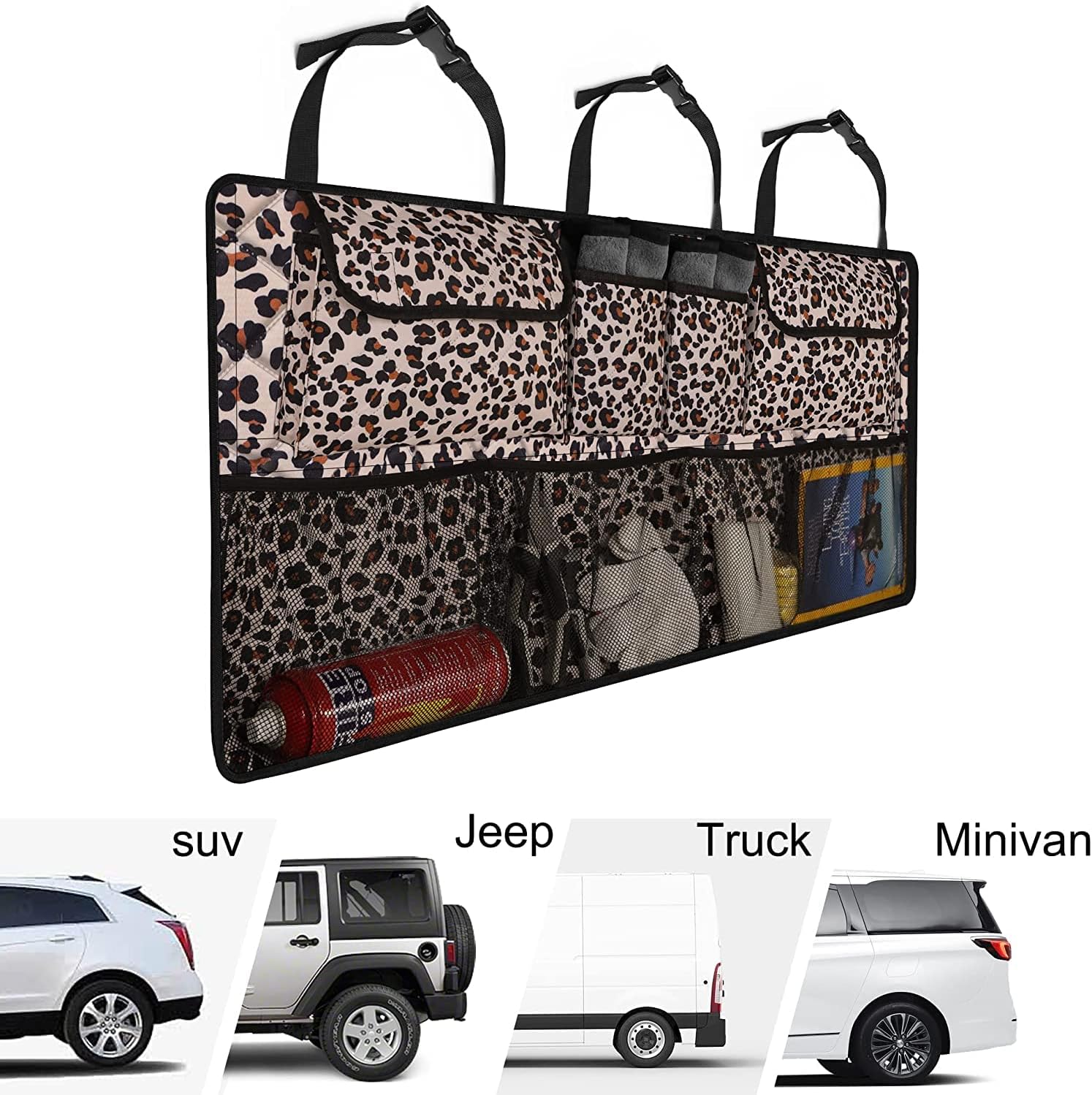 Car Trunk Organizer,Large Capacity Backseat Trunk Organizer(42"*18"),Collapsible Car Storage Bag with 8 Pocekt,Car Organizer for SUV/MPV/Truck - Leopard print