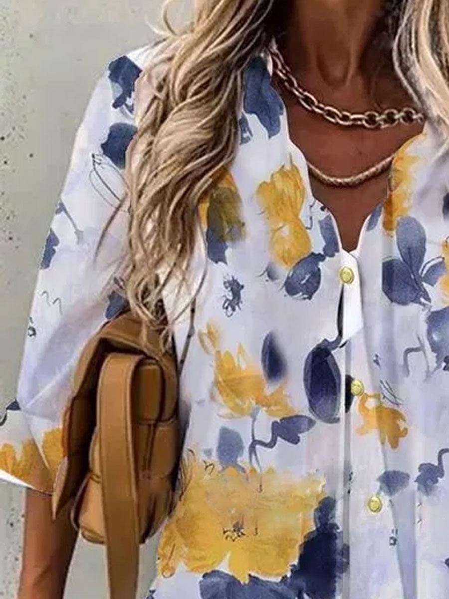 V-neck Floral Print Loose Long-sleeved Blouse