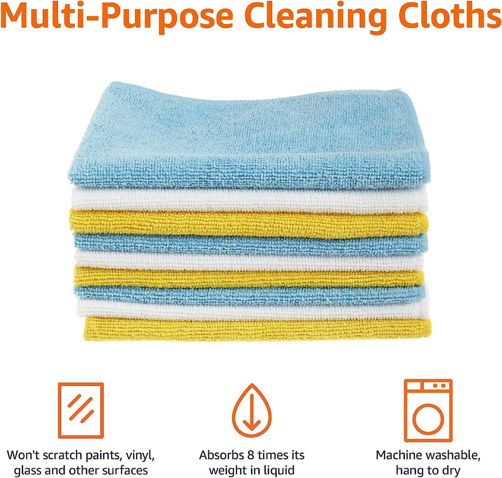 Amazon Basics Microfiber Cleaning Cloth, Non-Abrasive, Reusable and Washable, Pack of 24, Blue/White/Yellow, 16" x 12"