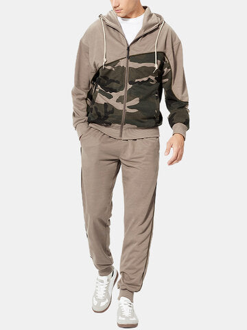 mens camo print patchwork zipper design drawstring hooded two pieces outfits