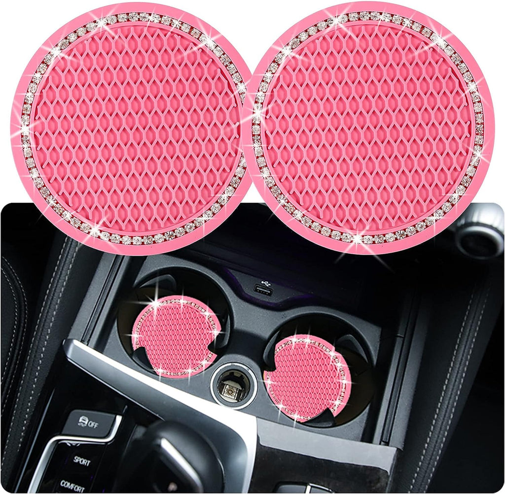 2PCS Bling Car Cup Coaster, 2.75 Inch Auto Car Cup Holder Insert Coasters Silicone Anti-Slip Crystal Rhinestone Drink Car Cup Mat, Universal Vehicle Interior Accessories for Women Girls (Pink)