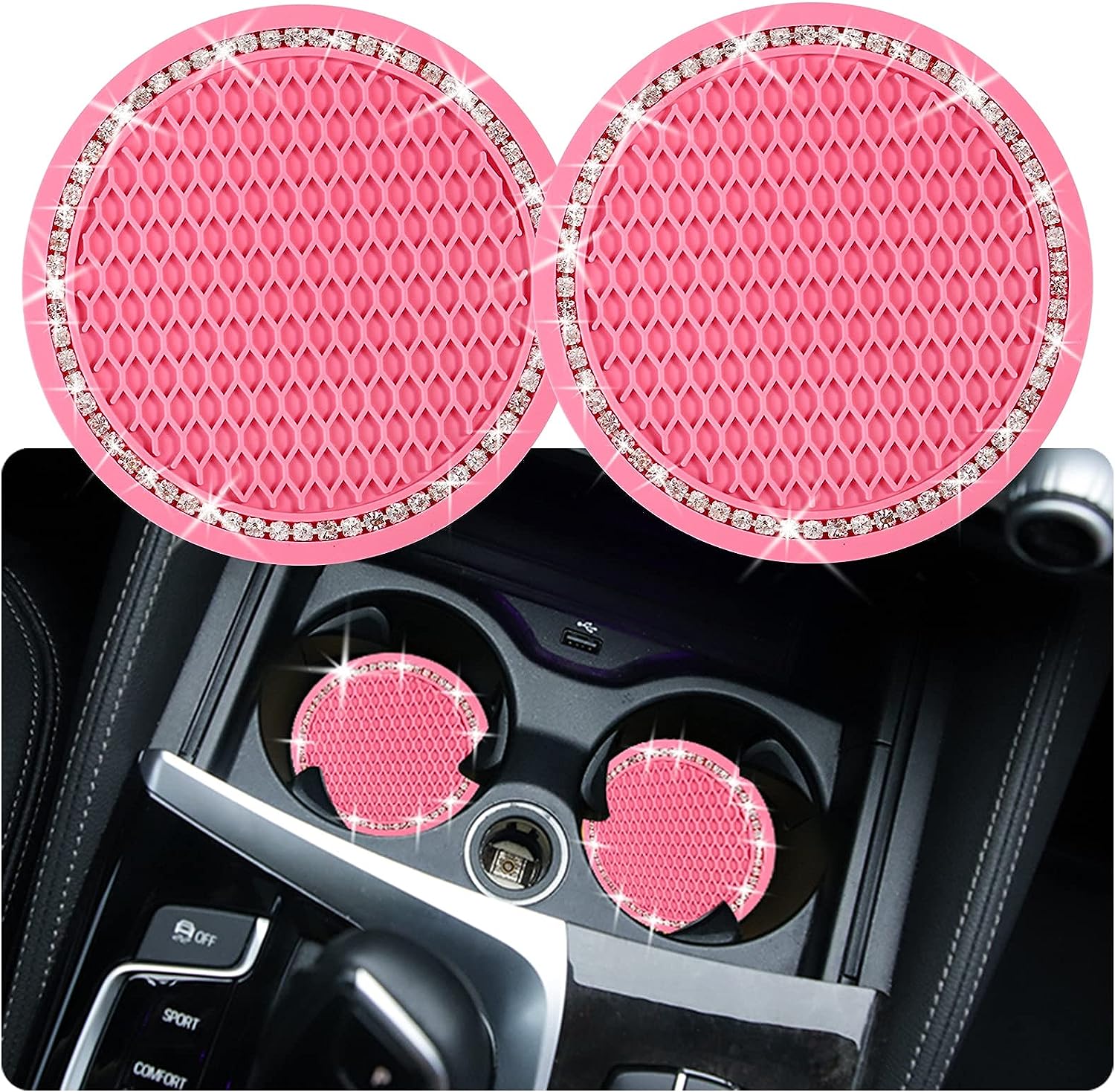 2PCS Bling Car Cup Coaster, 2.75 Inch Auto Car Cup Holder Insert Coasters Silicone Anti-Slip Crystal Rhinestone Drink Car Cup Mat, Universal Vehicle Interior Accessories for Women Girls (Pink)
