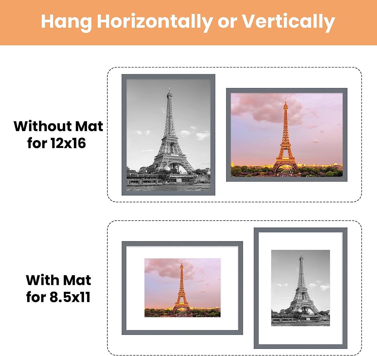 upsimples 12x16 Picture Frame Set of 5, Display Pictures 8.5x11 with Mat or 12x16 Without Mat, Wall Gallery Photo Frames, Dark Gray