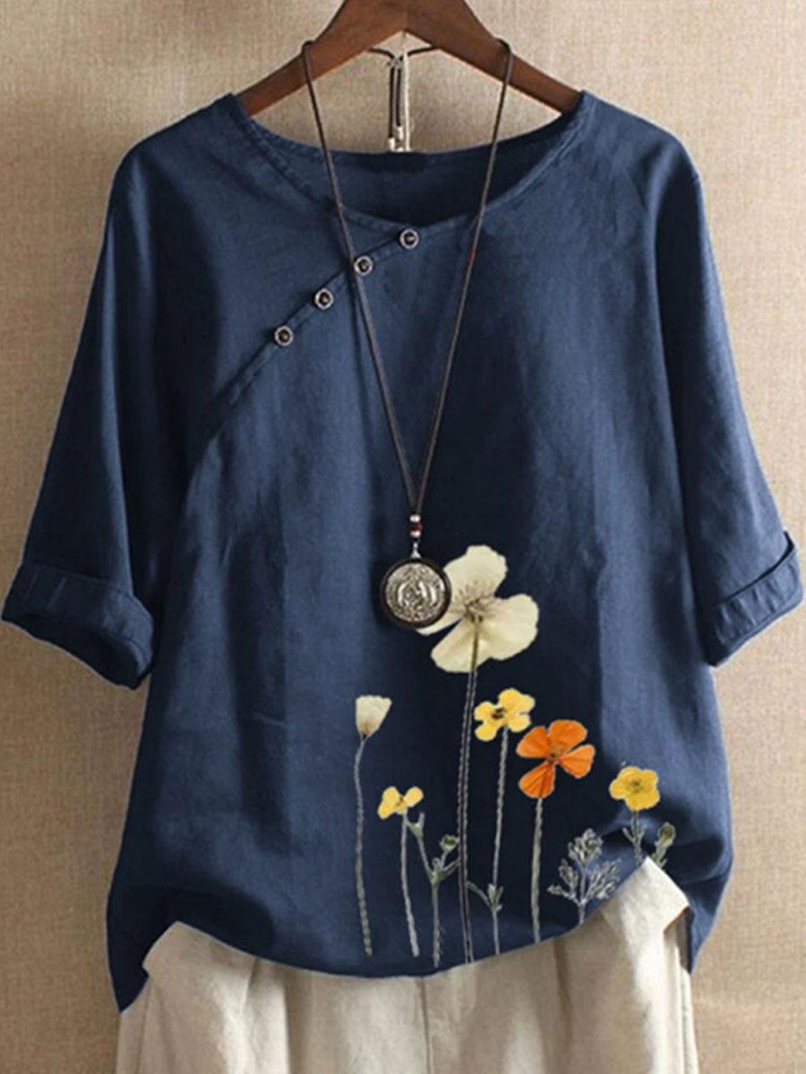 Floral Print Short Sleeve Cotton And Linen Blouse
