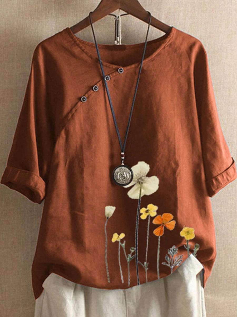 Floral Print Short Sleeve Cotton And Linen Blouse